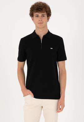 Erkek Regular Fit Fermuarlı Siyah Tişört - 50306836047
