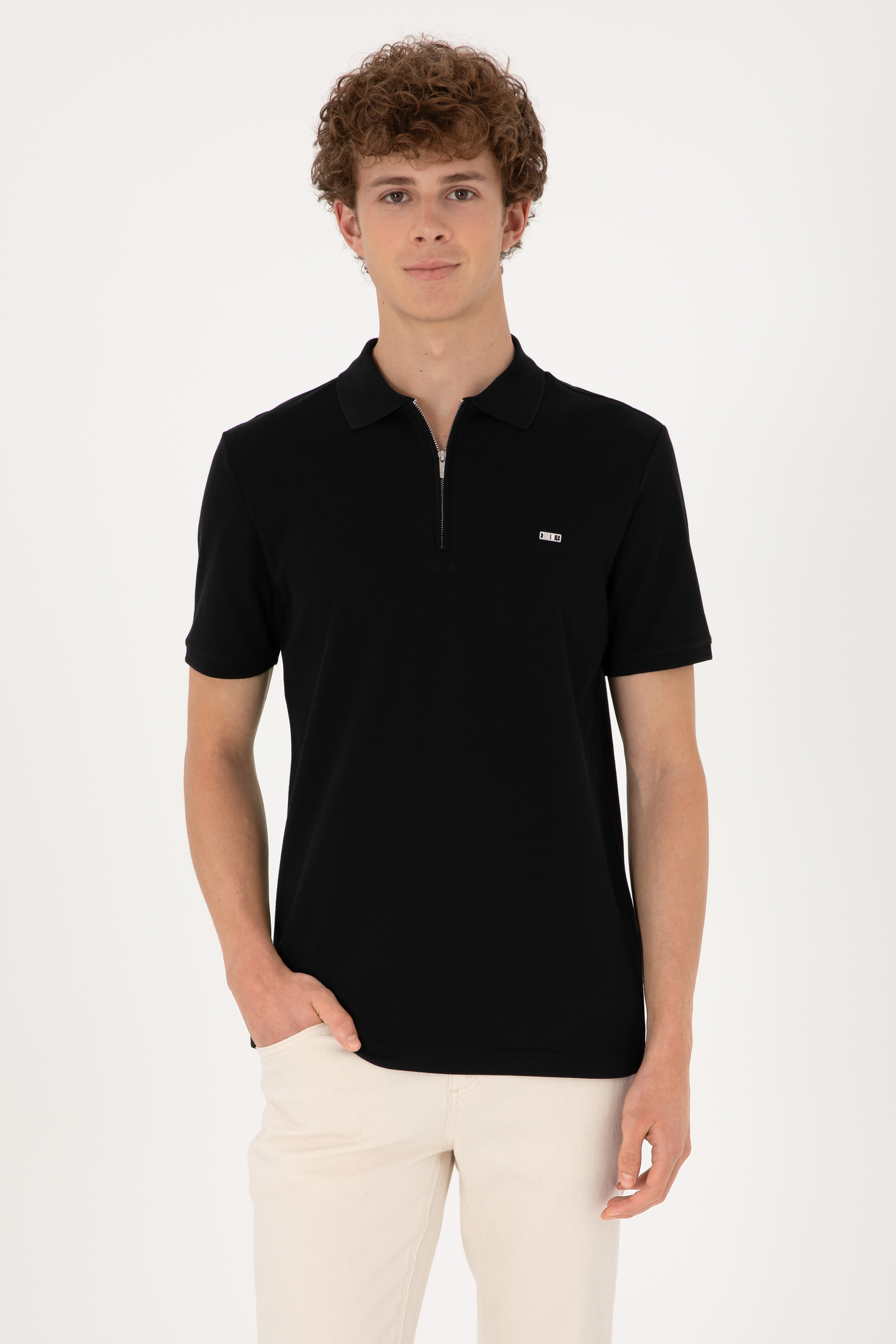 Erkek Regular Fit Fermuarlı Siyah Tişört - Image 1