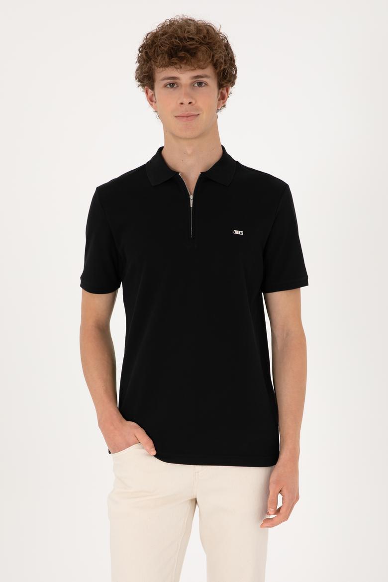 Erkek Regular Fit Fermuarlı Siyah Tişört