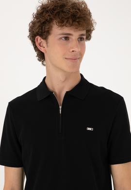 Erkek Regular Fit Fermuarlı Siyah Tişört - 50306836047