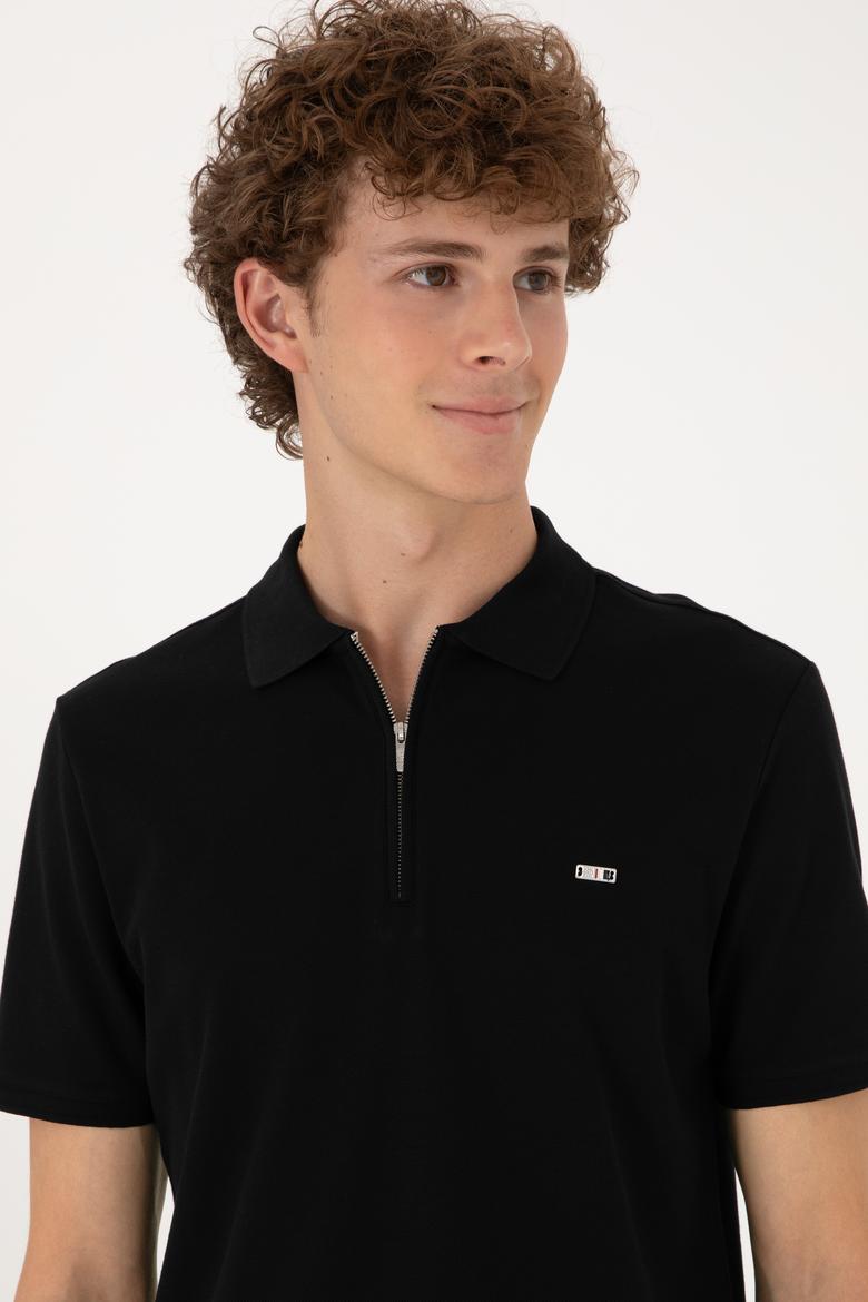 Erkek Regular Fit Fermuarlı Siyah Tişört - 50306836047