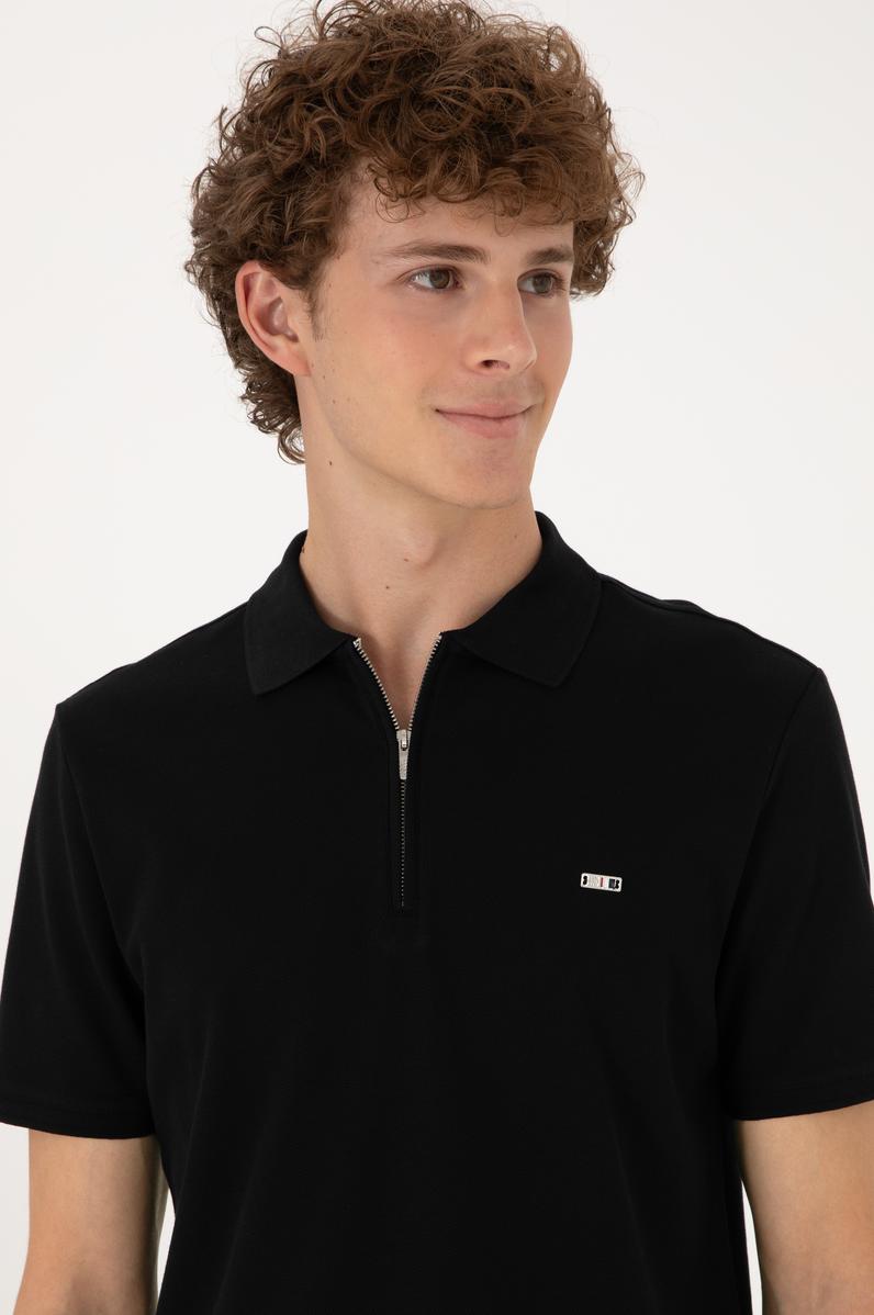 Erkek Regular Fit Fermuarlı Siyah Tişört