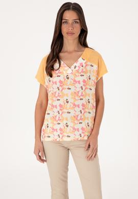 Kadın Turuncu Desenli V Yaka Tişört - 50301043012