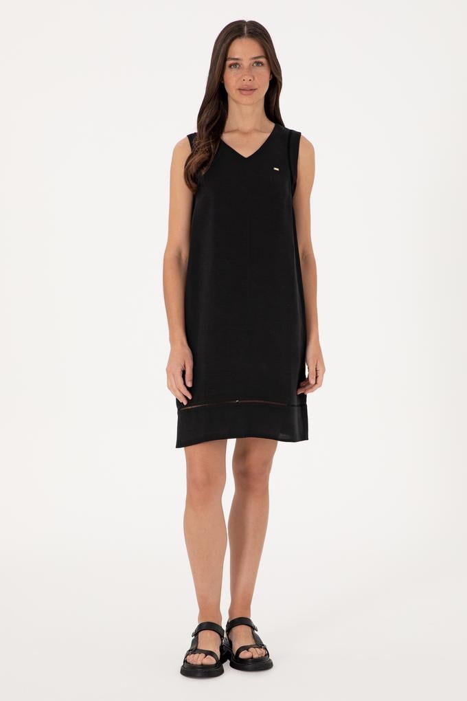 Kadın Siyah Keten Karışımlı Mini Boy Dokuma Elbise