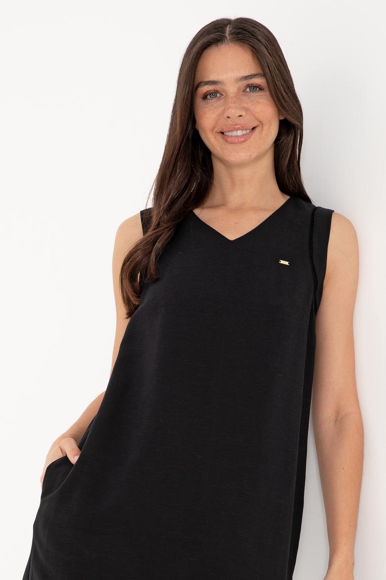 Kadın Siyah Keten Karışımlı Mini Boy Dokuma Elbise - 50299168041