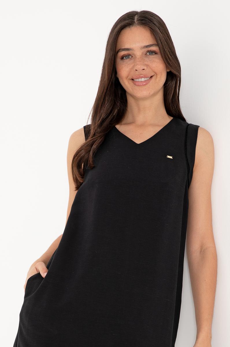 Kadın Siyah Keten Karışımlı Mini Boy Dokuma Elbise