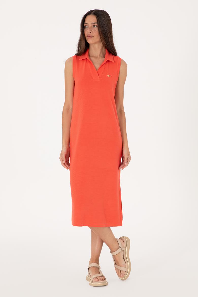 Kadın Kırmızı Polo Yaka Midi Boy Örme Elbise - 50300674027