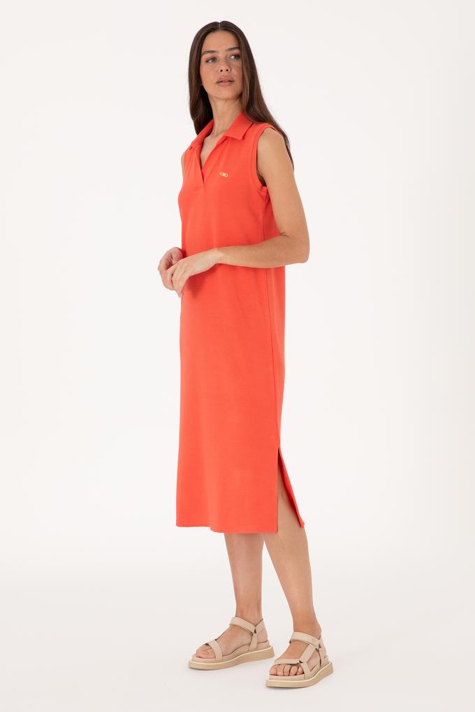 Kadın Kırmızı Polo Yaka Midi Boy Örme Elbise