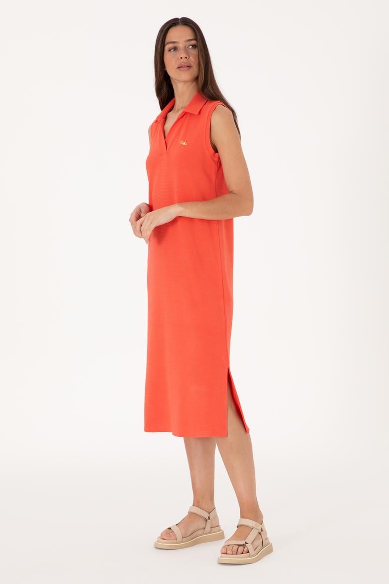 Kadın Kırmızı Polo Yaka Midi Boy Örme Elbise