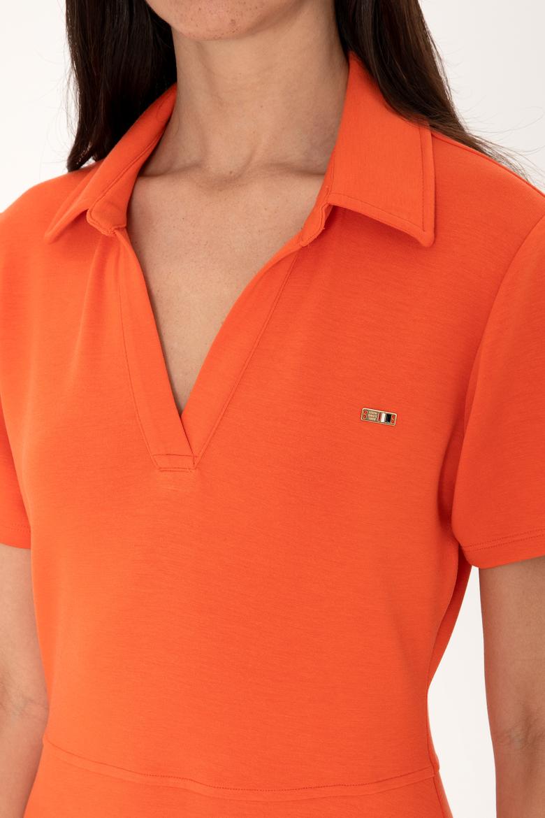 Kadın Nar Çiçeği Polo Yaka Mini Boy Örme Elbise - 50299536013