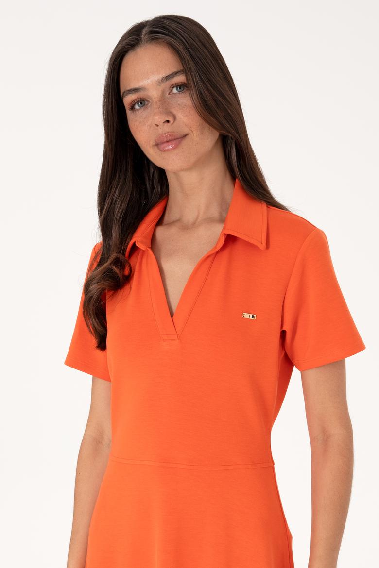 Kadın Nar Çiçeği Polo Yaka Mini Boy Örme Elbise - 50299536013