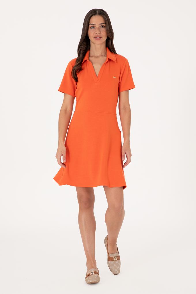 Kadın Nar Çiçeği Polo Yaka Mini Boy Örme Elbise