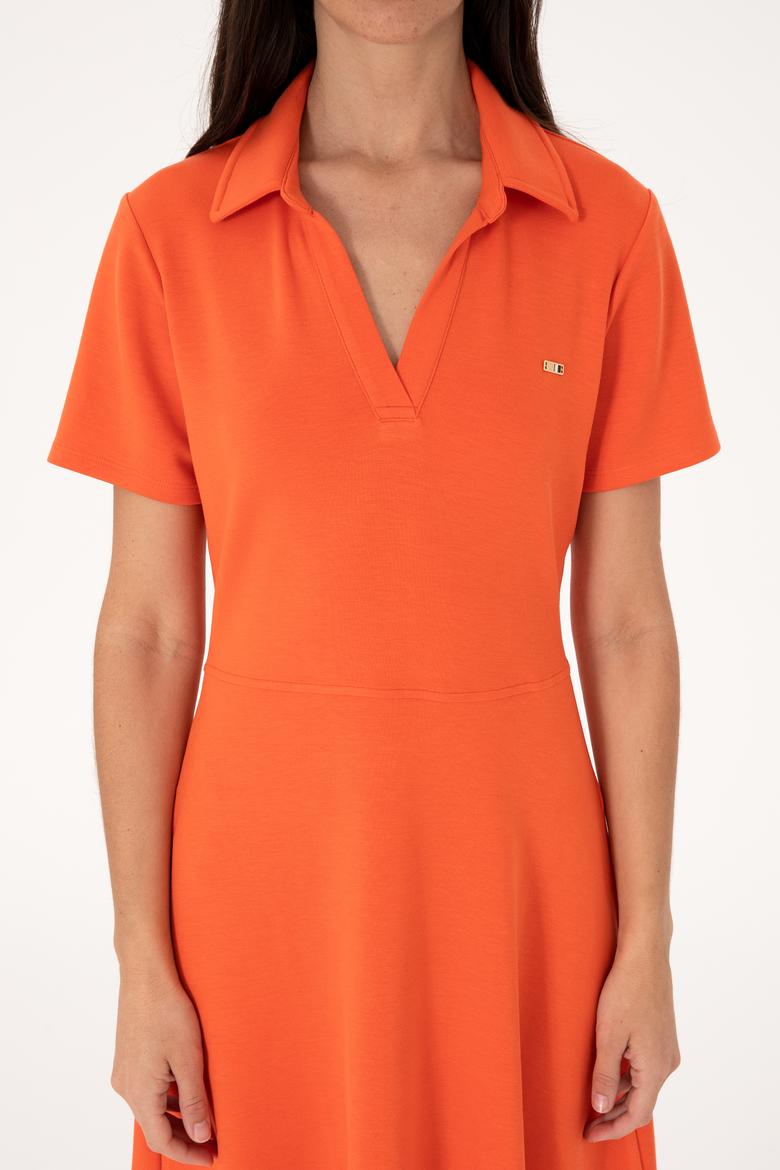 Kadın Nar Çiçeği Polo Yaka Mini Boy Örme Elbise - 50299536013