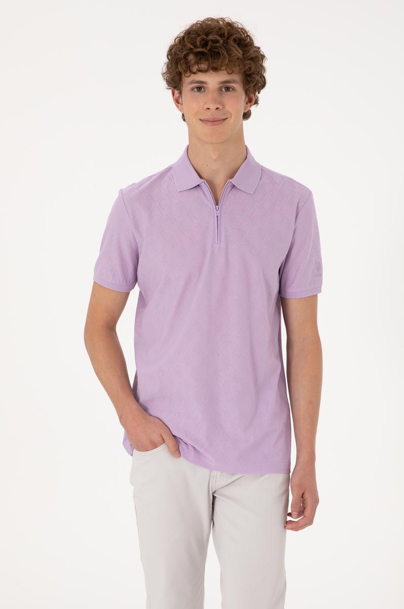 Erkek Regular Fit Fermuarlı Lila Desenli Tişört