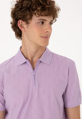 Erkek Regular Fit Fermuarlı Lila Desenli Tişört - 50300832027