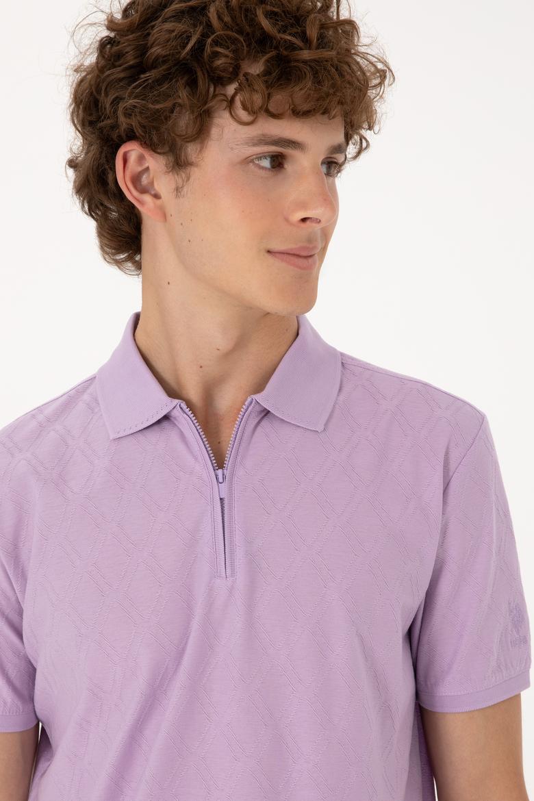 Erkek Regular Fit Fermuarlı Lila Desenli Tişört - 50300832027