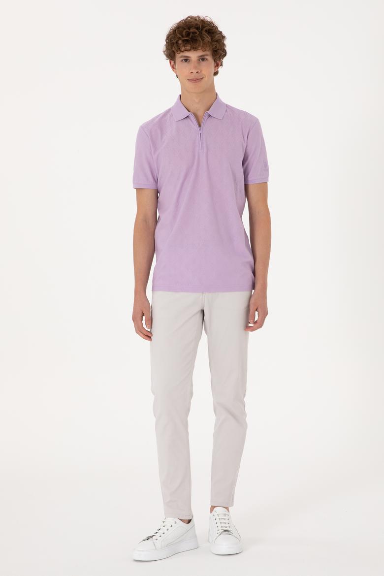 Erkek Regular Fit Fermuarlı Lila Desenli Tişört - 50300832027