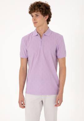 Erkek Regular Fit Fermuarlı Lila Desenli Tişört - 50300832027