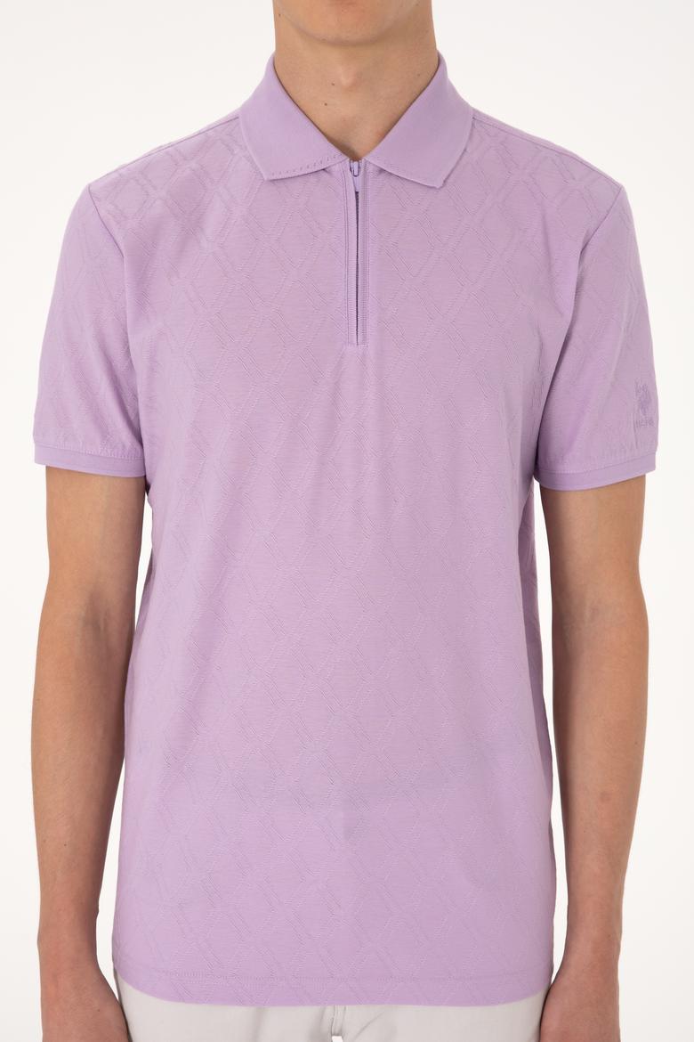 Erkek Regular Fit Fermuarlı Lila Desenli Tişört - 50300832027