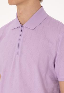 Erkek Regular Fit Fermuarlı Lila Desenli Tişört - 50300832027