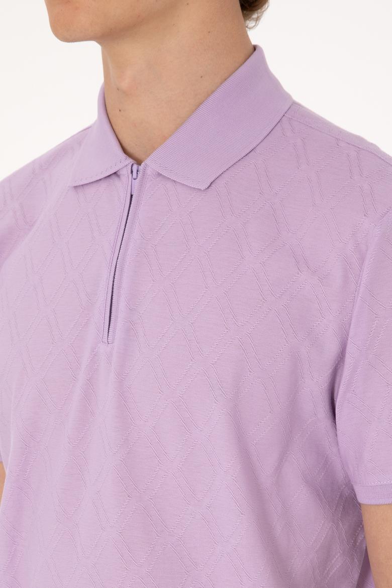Erkek Regular Fit Fermuarlı Lila Desenli Tişört - 50300832027