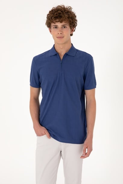 Erkek Regular Fit Fermuarlı Açık Lacivert Desenli Tişört