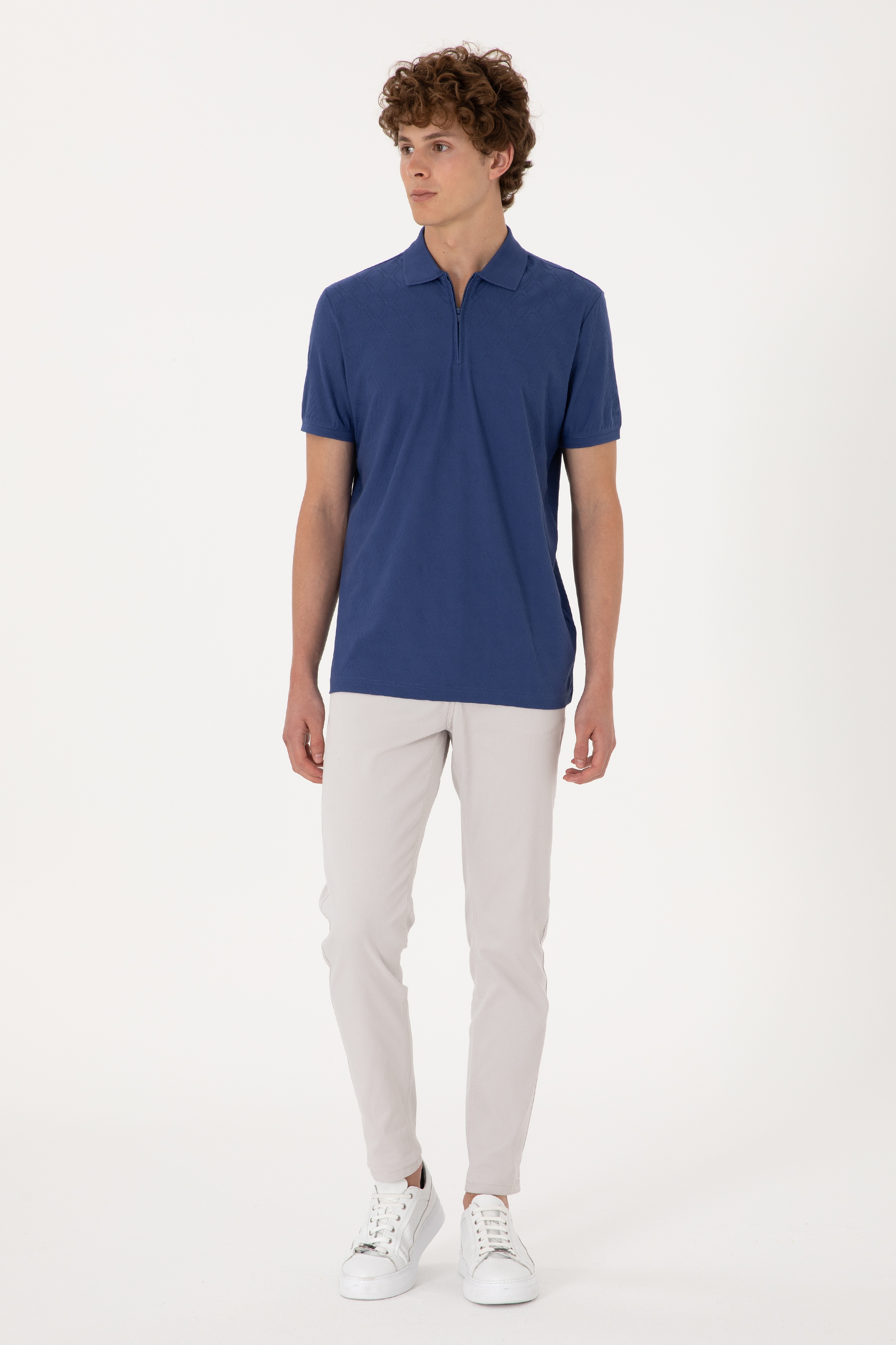 Erkek Regular Fit Fermuarlı Açık Lacivert Desenli Tişört - Image 4