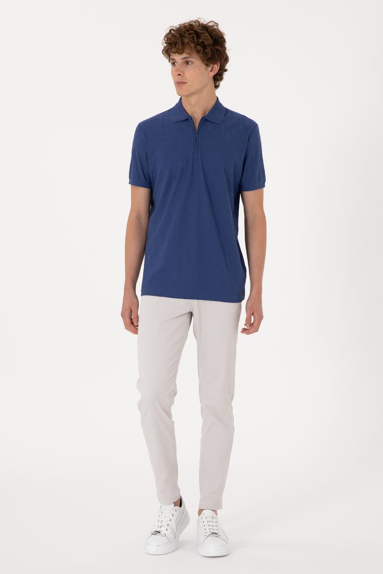 Erkek Regular Fit Fermuarlı Açık Lacivert Desenli Tişört - 50300832007