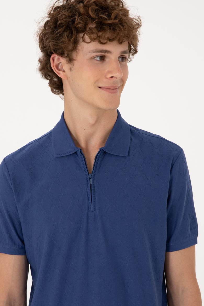 Erkek Regular Fit Fermuarlı Açık Lacivert Desenli Tişört - 50300832007