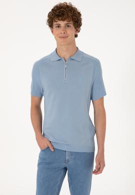 Erkek Slim Fit Fermuarlı Mavi Triko Tişört - 50299365015