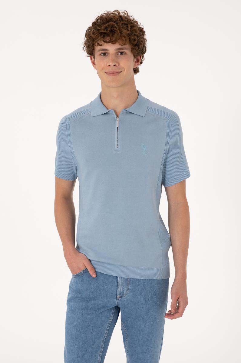 Erkek Slim Fit Fermuarlı Mavi Triko Tişört