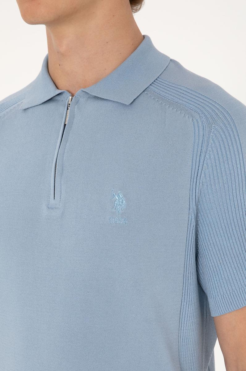 Erkek Slim Fit Fermuarlı Mavi Triko Tişört