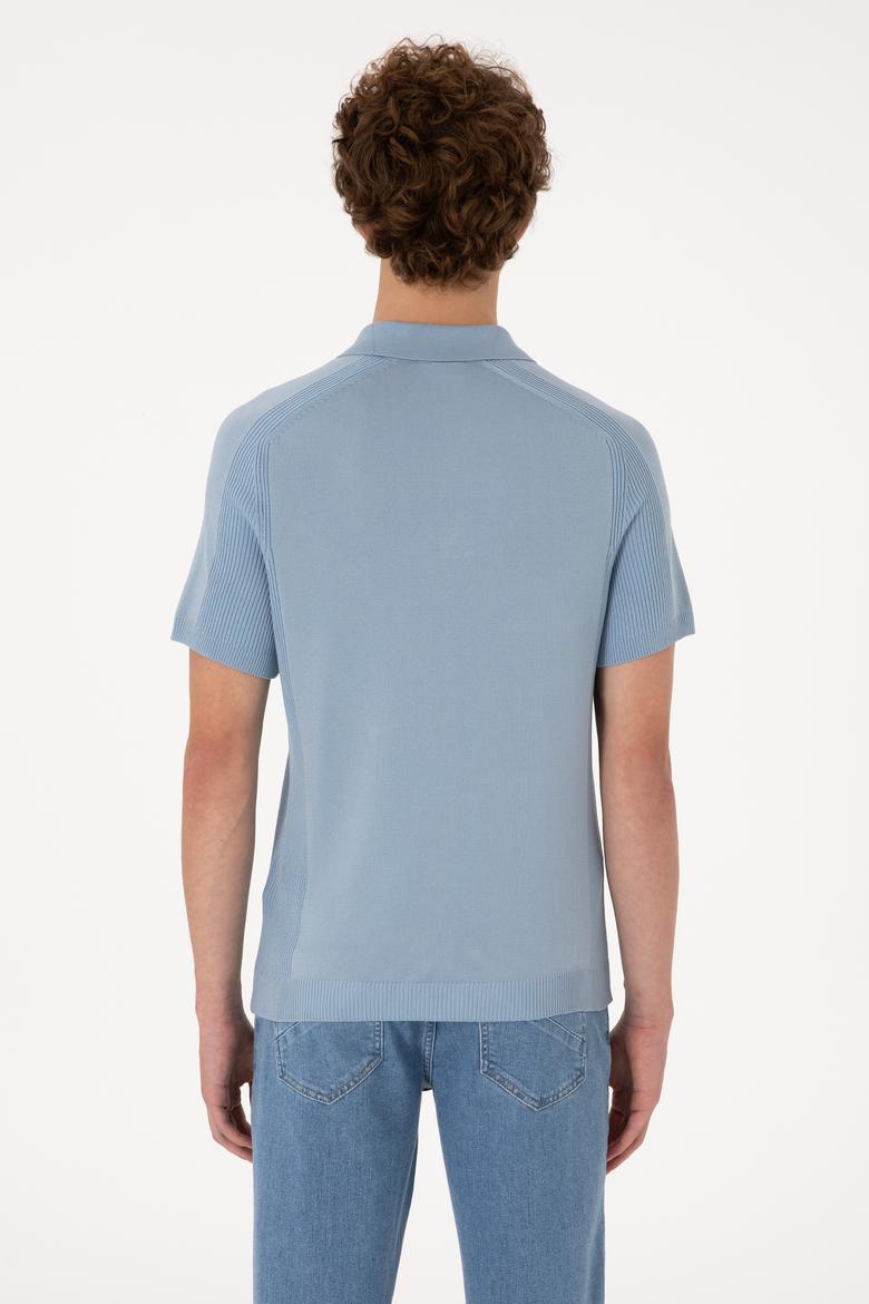 Erkek Slim Fit Fermuarlı Mavi Triko Tişört - 50299365015