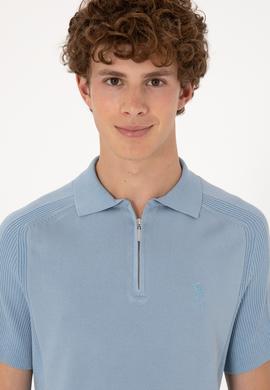 Erkek Slim Fit Fermuarlı Mavi Triko Tişört - 50299365015