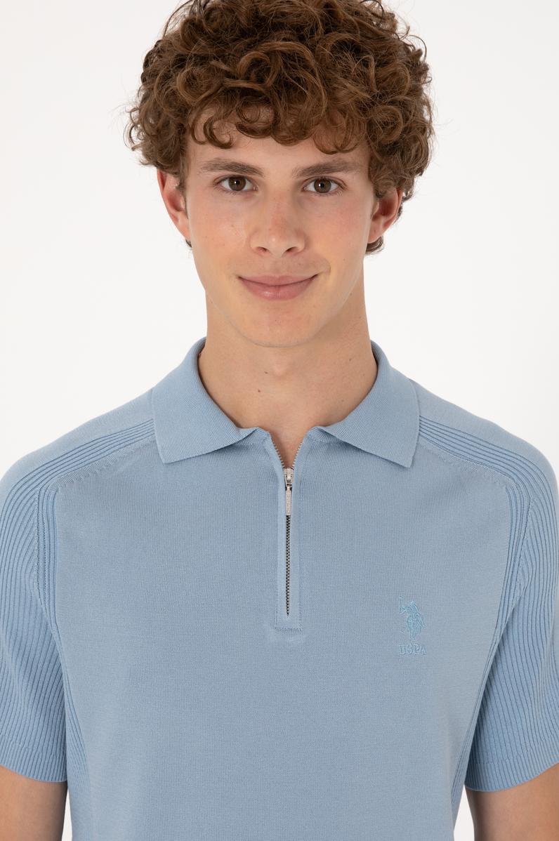 Erkek Slim Fit Fermuarlı Mavi Triko Tişört