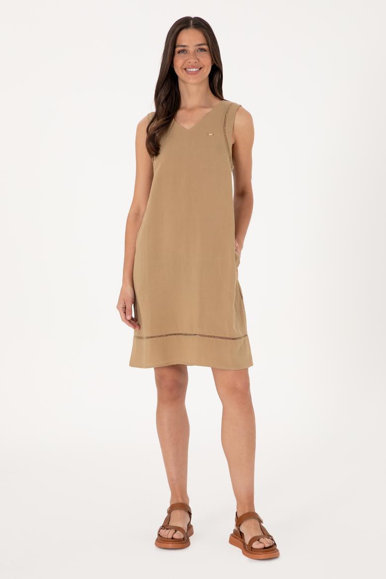 Kadın Vizon Keten Karışımlı Mini Boy Dokuma Elbise