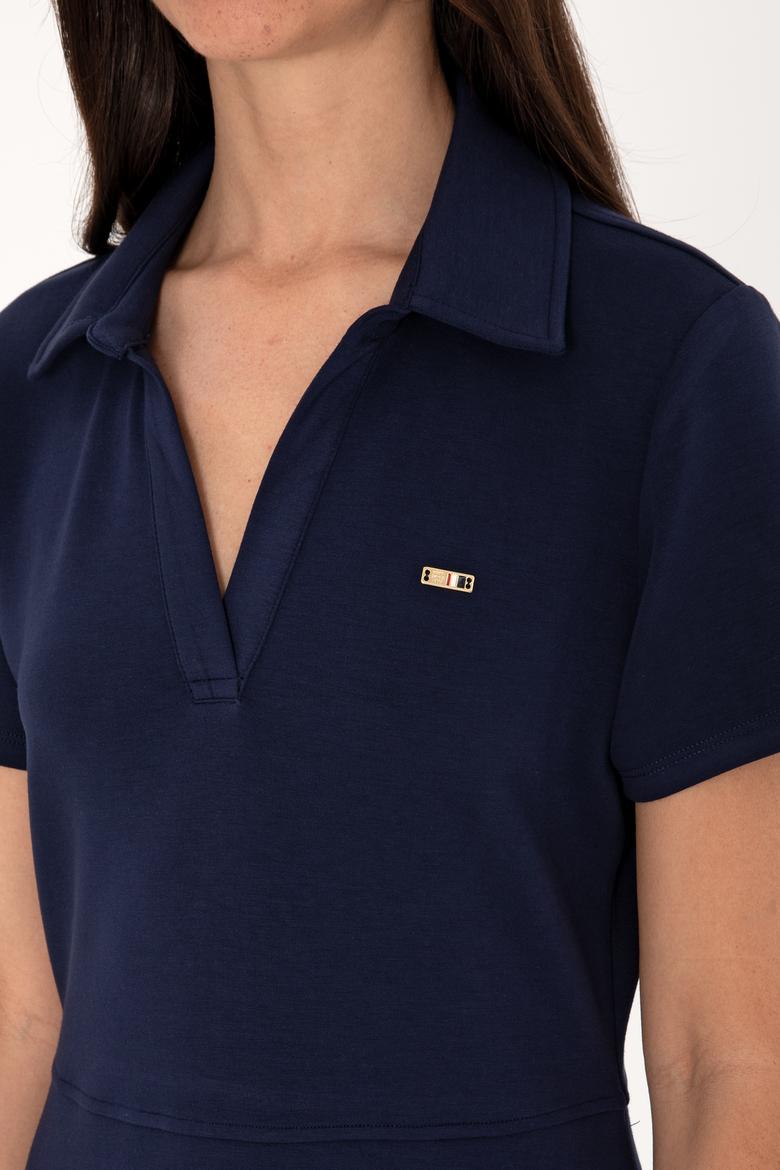 Kadın Lacivert Polo Yaka Mini Boy Örme Elbise - 50299536006