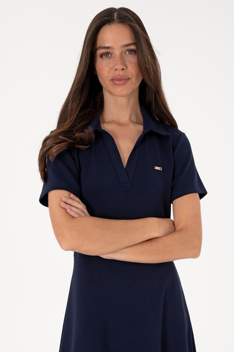 Kadın Lacivert Polo Yaka Mini Boy Örme Elbise - 50299536006