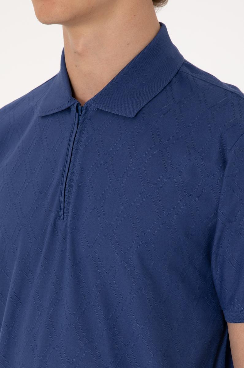 Erkek Regular Fit Fermuarlı Açık Lacivert Desenli Tişört