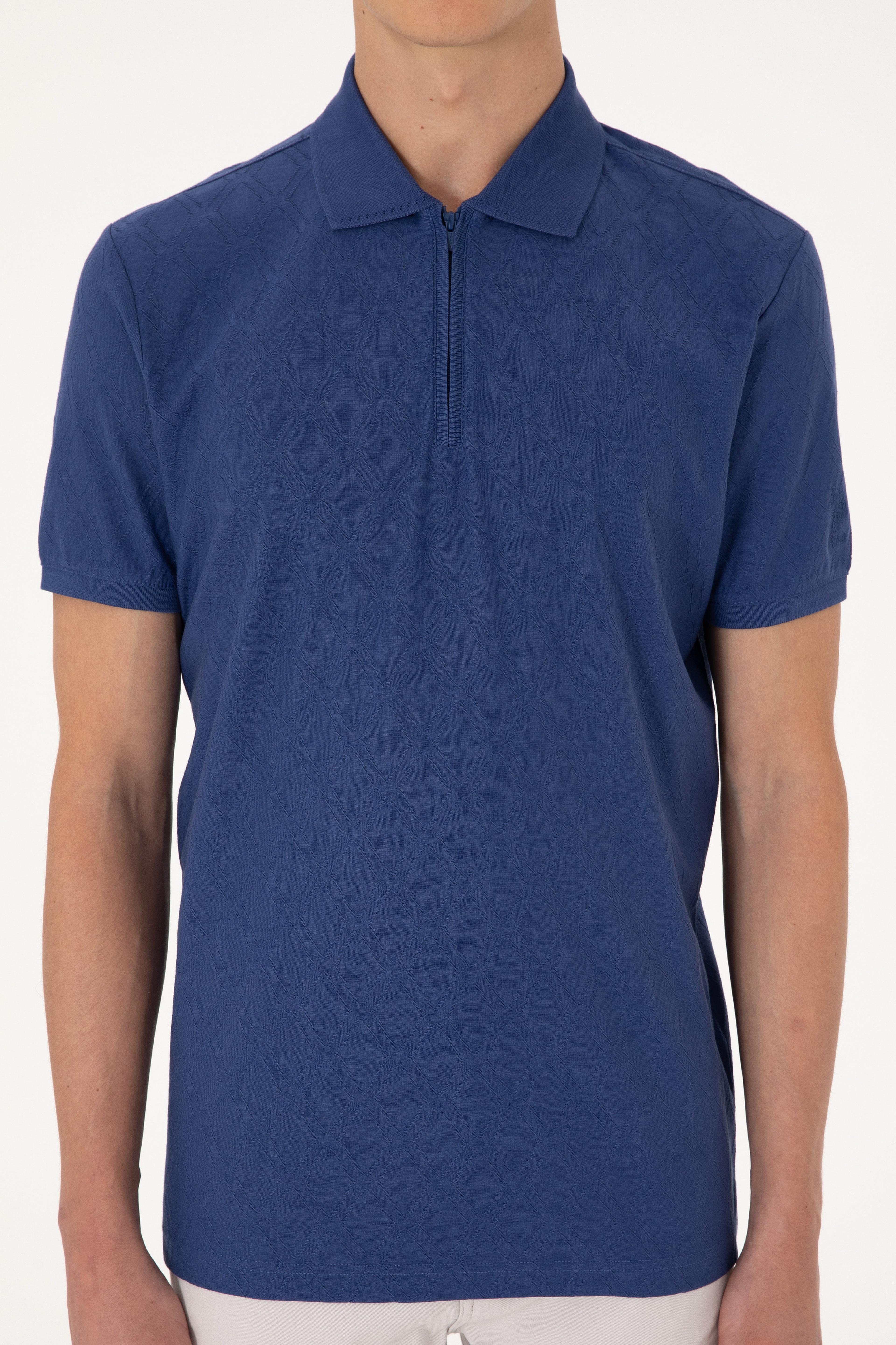 Erkek Regular Fit Fermuarlı Açık Lacivert Desenli Tişört - Image 6