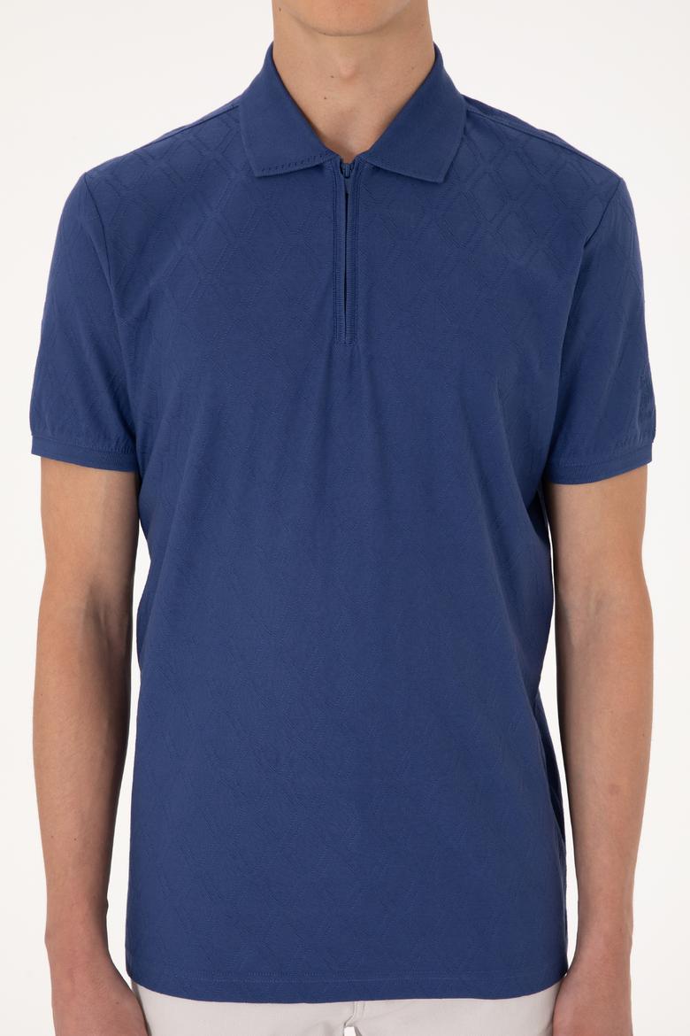 Erkek Regular Fit Fermuarlı Açık Lacivert Desenli Tişört - 50300832007