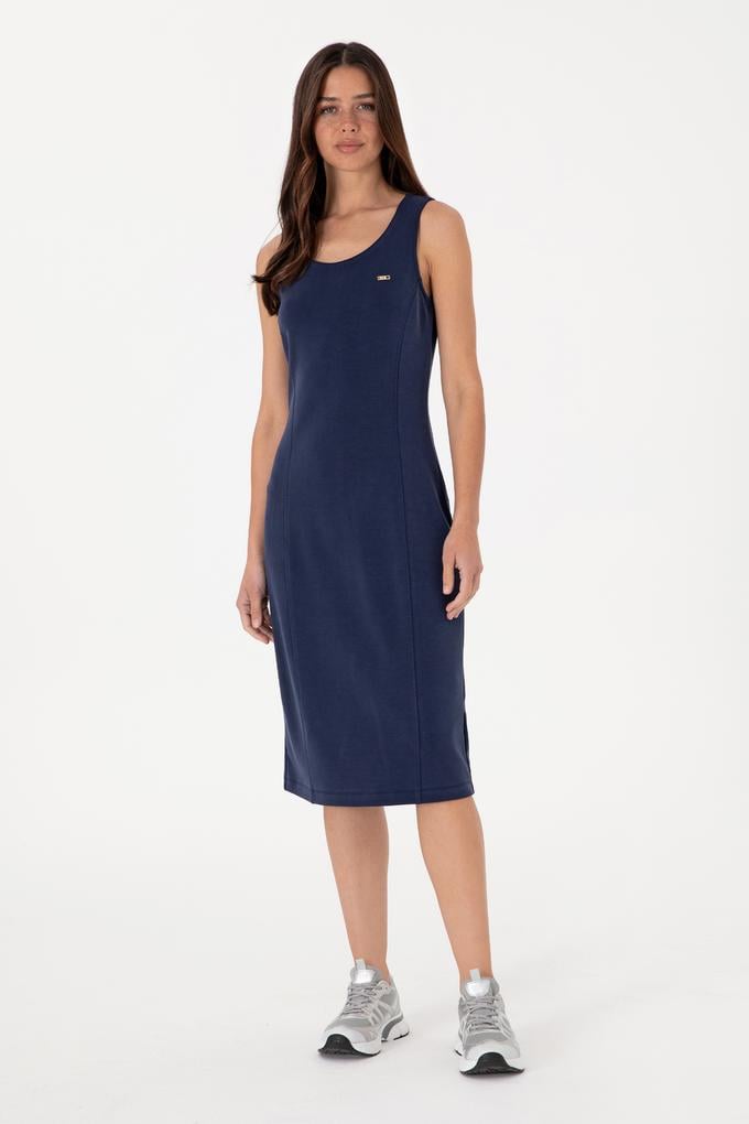 Kadın Lacivert Modal Karışımlı Bisiklet Yaka Midi Boy Örme Elbise