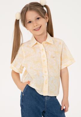 Kız Çocuk Açık Sarı Çiçek Desenli Keten Görünümlü Kısa Kollu Gömlek - 50307934007
