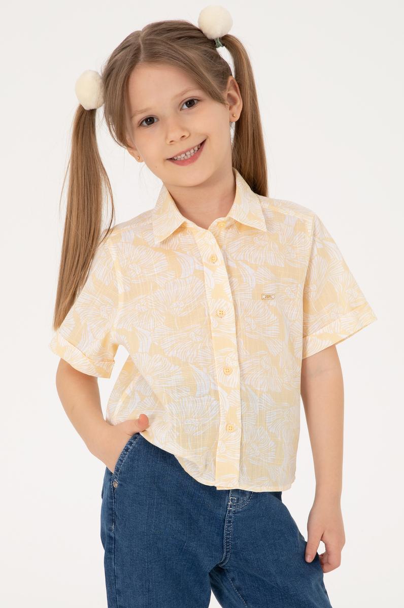 Kız Çocuk Açık Sarı Çiçek Desenli Keten Görünümlü Kısa Kollu Gömlek