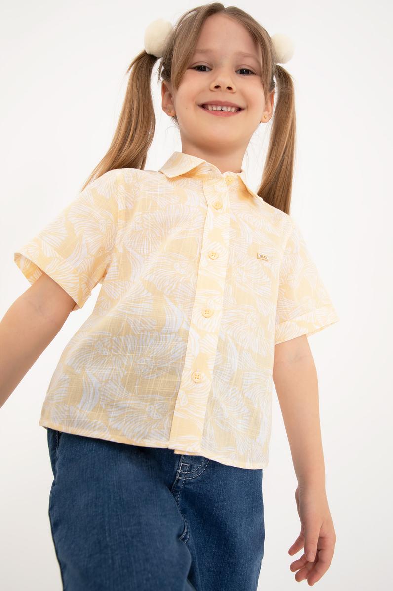 Kız Çocuk Açık Sarı Çiçek Desenli Keten Görünümlü Kısa Kollu Gömlek