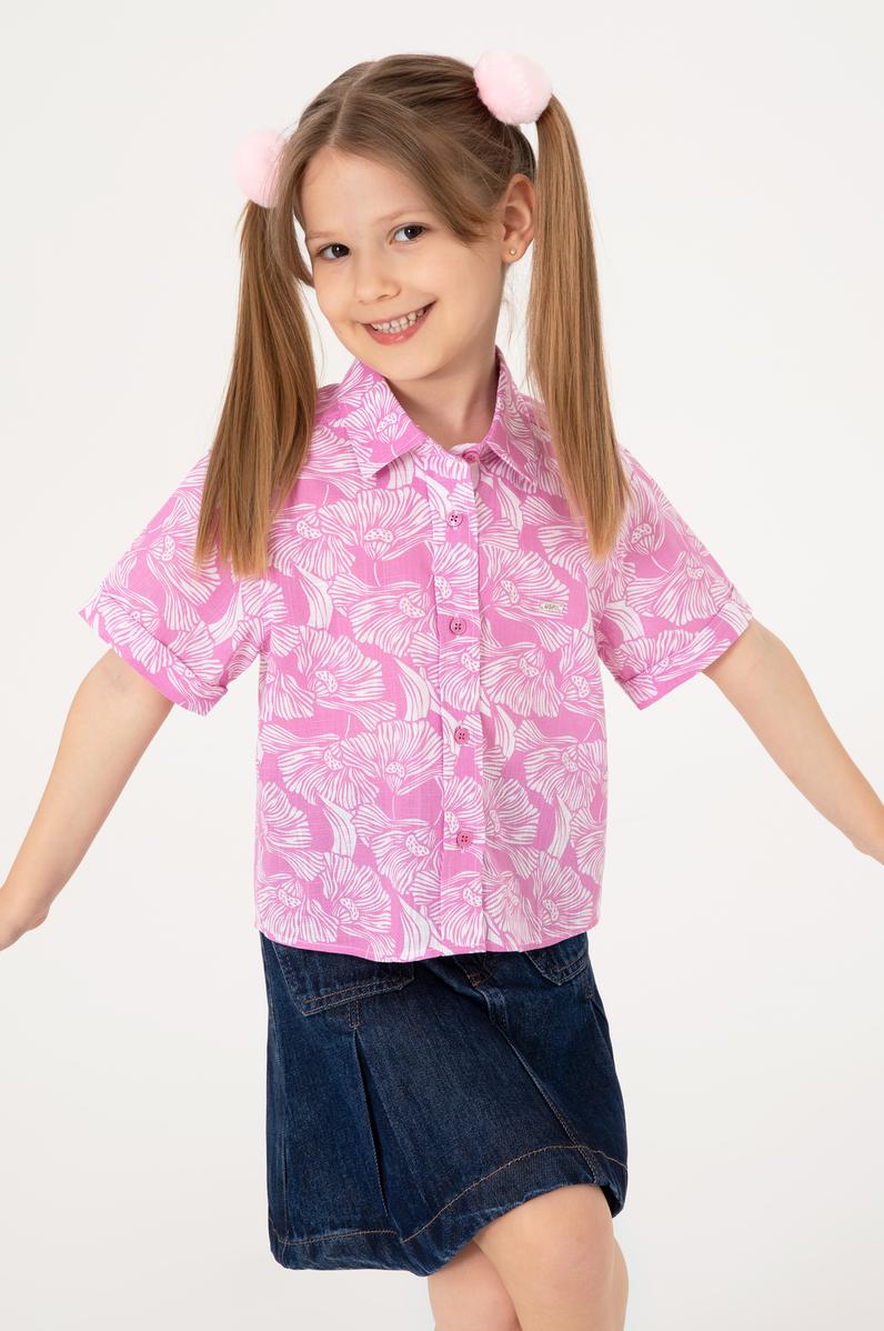 Kız Çocuk Fuşya Çiçek Desenli Keten Görünümlü Kısa Kollu Gömlek