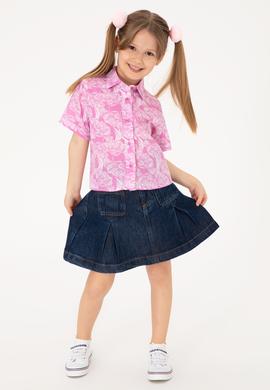 Kız Çocuk Fuşya Çiçek Desenli Keten Görünümlü Kısa Kollu Gömlek - 50307934021