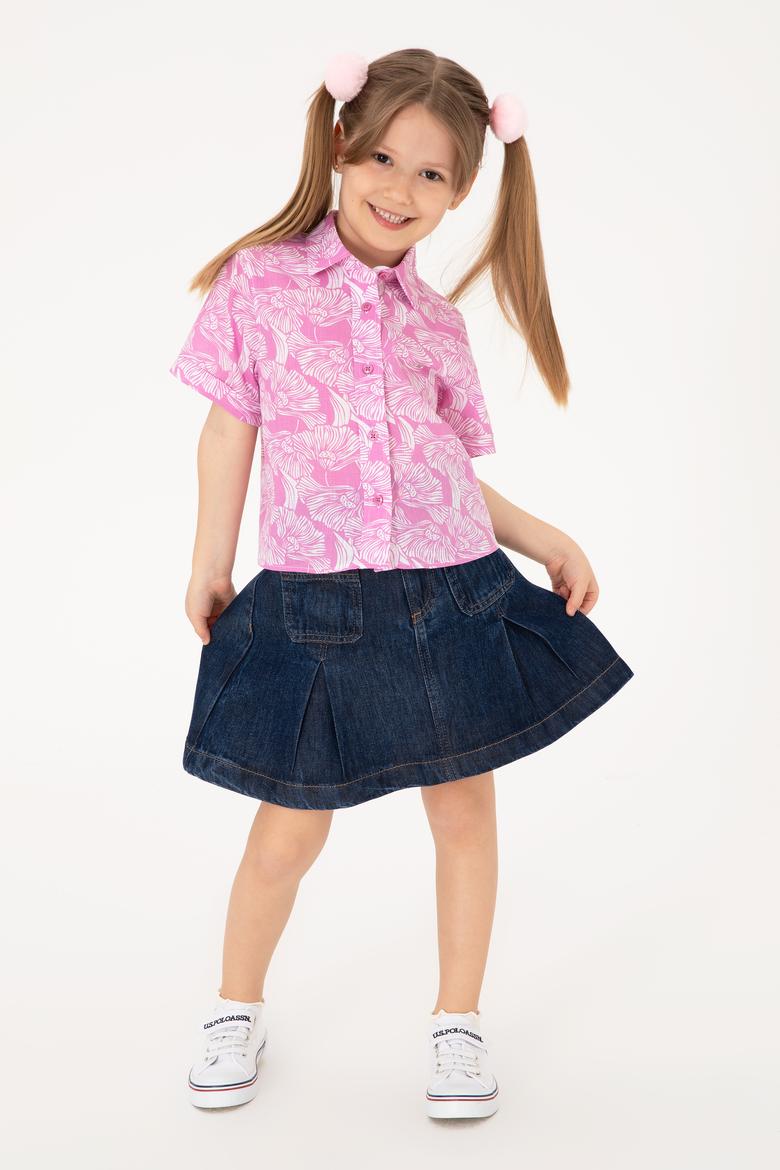 Kız Çocuk Fuşya Çiçek Desenli Keten Görünümlü Kısa Kollu Gömlek - 50307934021