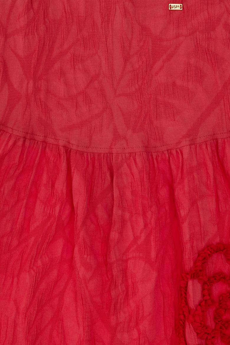 Kız Çocuk Vişne Askılı Çiçek İşlemeli Dokuma Elbise - 50308120004