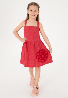 Kız Çocuk Vişne Askılı Çiçek İşlemeli Dokuma Elbise - 50308120004
